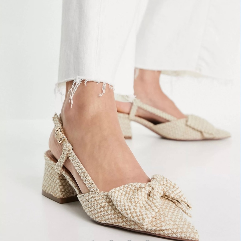 ASOS DESIGN Spring bow mid heeled shoes in natural